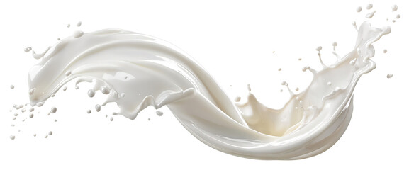Swirling splash of fresh white milk in curved motion, isolated on transparent cutout background