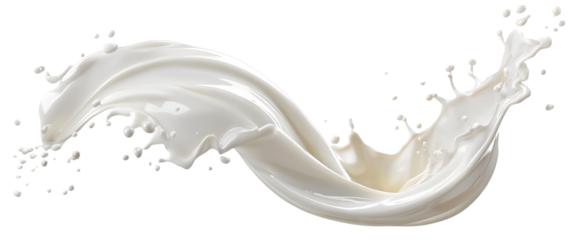 Swirling splash of fresh white milk in curved motion, isolated on transparent cutout background