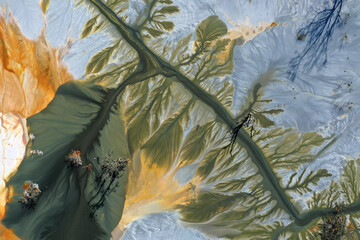 Patterns of acid mine drainage in decanting lake, nature pollution, aerial view