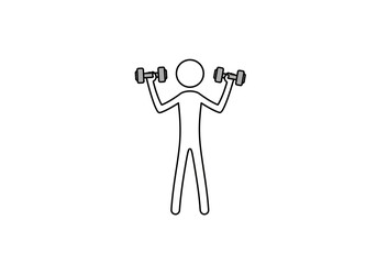 Stick figure lifts grey dumbbells above head