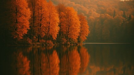 Serene autumn trees reflecting lake