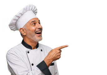 Happy chef pointing smiling culinary expert professional cook restaurant food service isolated on transparent background
