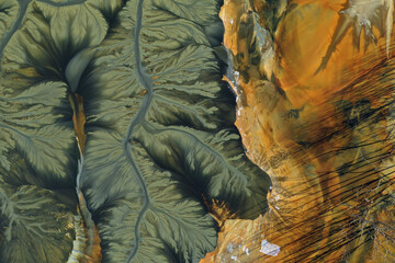 Patterns of acid mine drainage in decanting lake, nature pollution, aerial view