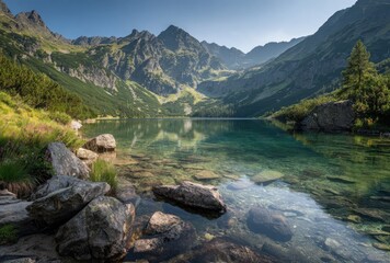 Mountain lake view with clear turquoise water and rocky foreground. Jagged peaks rise behind, and lush green trees line the slopes