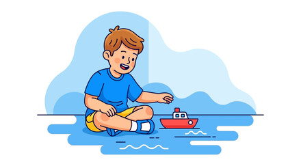 Joyful Child Playing With Toy Boat at the Lake, Vivid Childhood Activity Scene