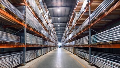 wide angle view of a large warehouse aisle filled with neatly stacked metal pipes on high shelves under bright industrial lighting