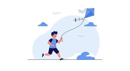 Joyful Child Running With Kite Amidst Serene Sky, Enjoying Outdoor Adventure With Delight