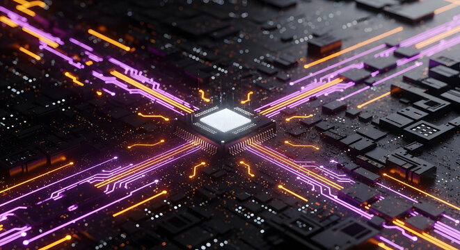 Close-up of a Glowing CPU on a Futuristic Circuit Board, Interconnected with Vibrant Purple and Orange Data Lines
