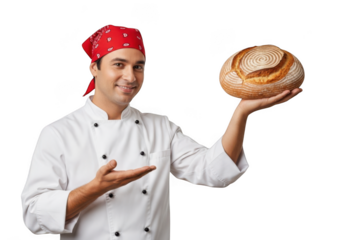 Professional baker chef holding fresh baked bread loaf smiling culinary expert isolated on transparent background