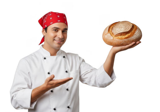 Professional baker chef holding fresh baked bread loaf smiling culinary expert isolated on transparent background
