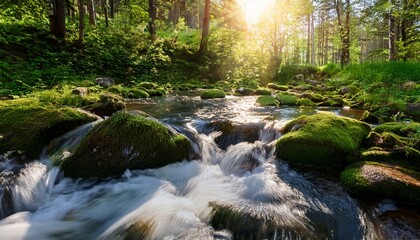 Creek Water Splashing And Flowing Over Rugged Stones Surrounded By Greenery And Natural Forest Light