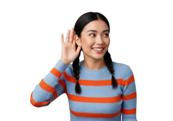 Young asian woman listening carefully with hand to ear, hearing gesture, attention pose, isolated on transparent background