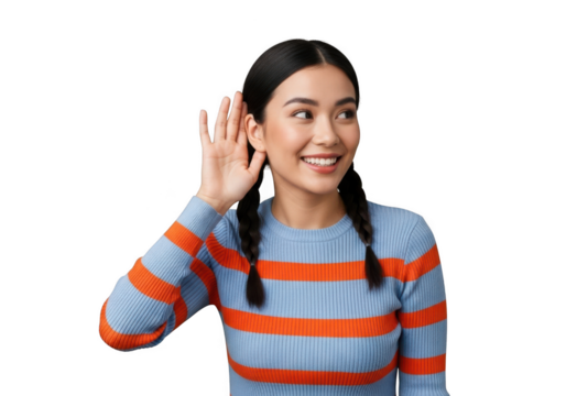 Young asian woman listening carefully with hand to ear, hearing gesture, attention pose, isolated on transparent background - Powered by Adobe
