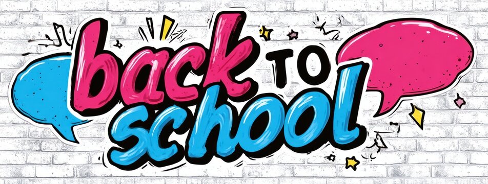 Back to school" graphic on a white brick wall, featuring stylized text, pink/blue speech bubbles, and yellow starbursts, creating a dynamic, lively scene