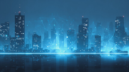 Obraz premium Twilight in the Smart digital Innovation city with connection network reciprocity over the cityscape. of future smart wireless digital city and social media networking systems that connects people