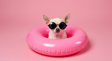 Summer Swagger: Chihuahua in Sunglasses and Pink Float &ndash; Bold Pet Vibes