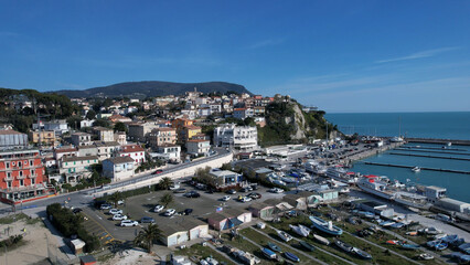 Numana Italy Aerial Panorama of Coastal Town and Harbor with Boats and Adriatic Sea Views