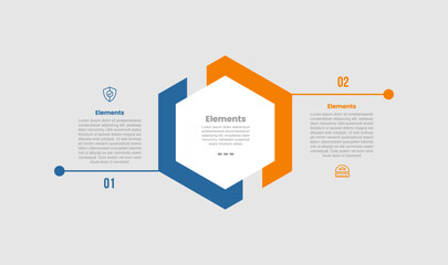 2 elements infographic comparison diagram with hexagon shape with half cut slice background opposite with 2 step for slide presentation