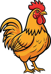 Cartoon Rooster with Orange and Yellow Feathers Standing Sideways Keywords: rooster, chicken, bird, fowl, poultry, farm animal, domestic animal, male chicken, cock, hen, animal, wildlife, nature