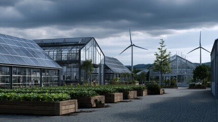 Naklejka premium Greenhouses with solar panels on roof and wind turbines in background at a modern farm