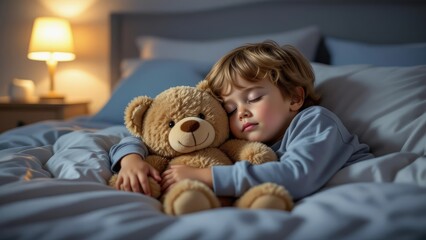 Boy hugging teddy bear at night, peaceful expression, cozy atmosphere. Concept of boy hugging teddy bear at night, representing affection and warmth in serene environment.