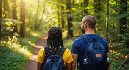 A couple hiking in a lush green forest. The man is wearing a blue shirt and the woman is wearing a yellow shirt.