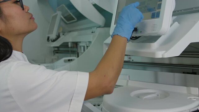 Female laboratory researcher holding blood test tubes and adjusting an automatic biochemistry analyzer machine, close up side view.