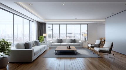 Modern living room interior features white sofas armchairs and large windows overlooking a city view