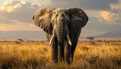 Obraz premium Majestic African Elephant in Golden Savanna Sunset.