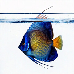 Firefly French angelfish swimming near water surface on white background 