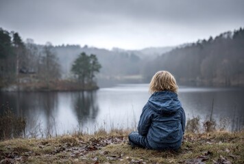 A child sits with their back turned, gazing at a serene lake surrounded by wooded hills under an overcast sky, evoking a sense of introspection and tranquility