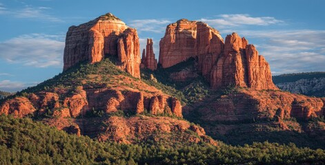 Striking red rock formations rise from forested slopes beneath a blue sky with soft clouds, creating a dramatic natural landscape scene