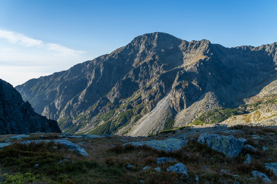 View of Slavkovsky Stit in the morning in the first rays of the sun.