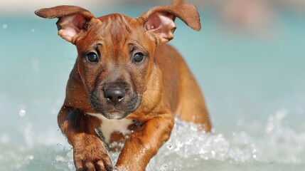 Energetic brown puppy splashing through shallow water with playful eyes and wet fur captured in sharp detail against bright outdoor background