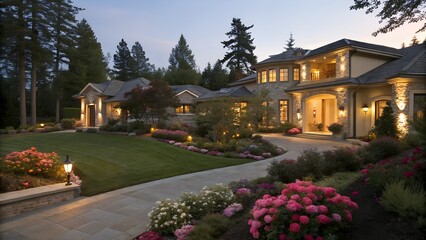 Obraz premium elegant home exterior at twilight with flowers