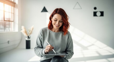 A woman with red hair using a digital tablet in a minimalist, white room with geometric shapes on the wall.