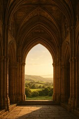 Fototapeta premium Gothic stone archway framing rolling countryside landscape view