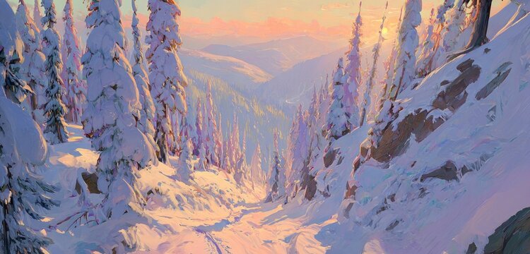 A snow-covered path leads through mountains, with light peaking through the trees and touching the snow in the winter scene