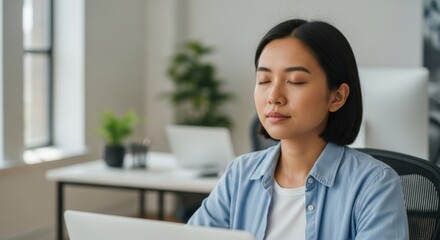 Serene Asian Woman Practicing Mindfulness for Workplace Wellness and Stress Relief
