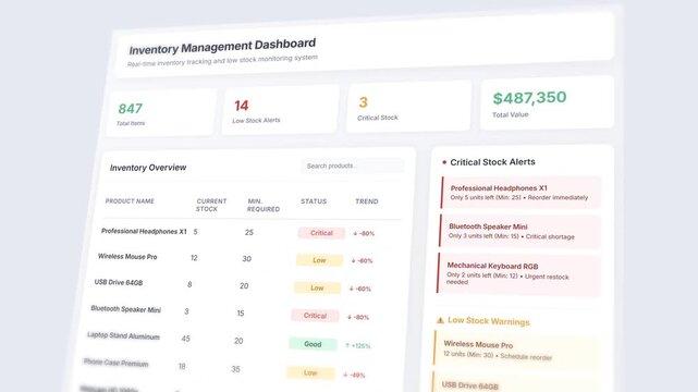 Inventory management dashboard with low stock alerts and real-time tracking system
