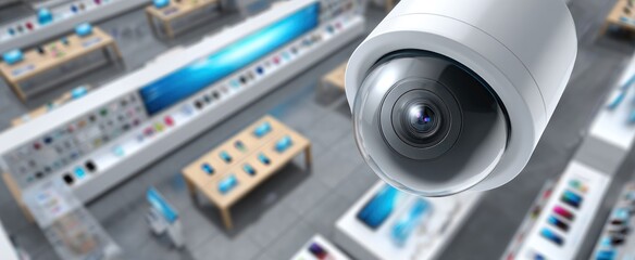 A white security camera dominates the foreground of a retail space, showcasing counters with products, subtly monitored by technology