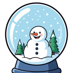 Cute Snowman Inside a Snow Globe with Snowy Trees and Falling Snow Keywords: snowman, snow globe, winter, christmas, holiday, season, snow, falling snow, trees, pine trees, cute, cartoon