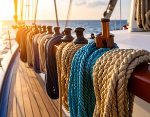 Colorful ropes on sailboat at sunset
