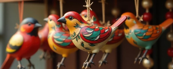 Intricate painted wooden bird ornaments, hanging display, folk art, birds ornaments