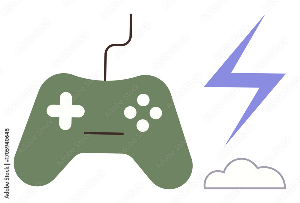 Aufkleber game controller with buttons and cable, paired with a purple lightning bolt and simple cloud. ideal 