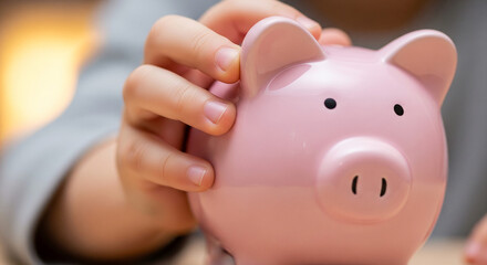 A Child's Hand Gently Places a Coin into a Pink Piggy Bank, Symbolizing Early Financial Education, Savings, and The Value of Money