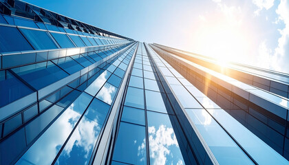 Modern Skyscraper with Sun Flare Against a Bright Sky