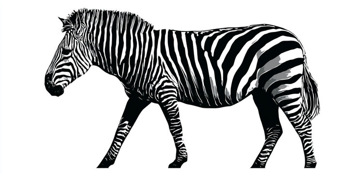 A striking black and white illustration of a zebra standing on a white background