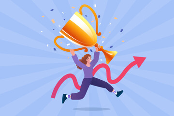 Success and achievement concept. A happy woman runs along a rising arrow graph, holding a giant gold trophy. A champion celebrating a victory and business growth. Vector for a winning journey.