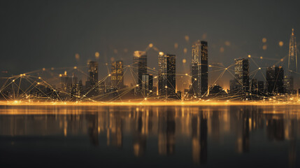  Twilight in the Smart digital Innovation city with connection network reciprocity over the cityscape. of future smart wireless digital city and social media networking systems that connects people